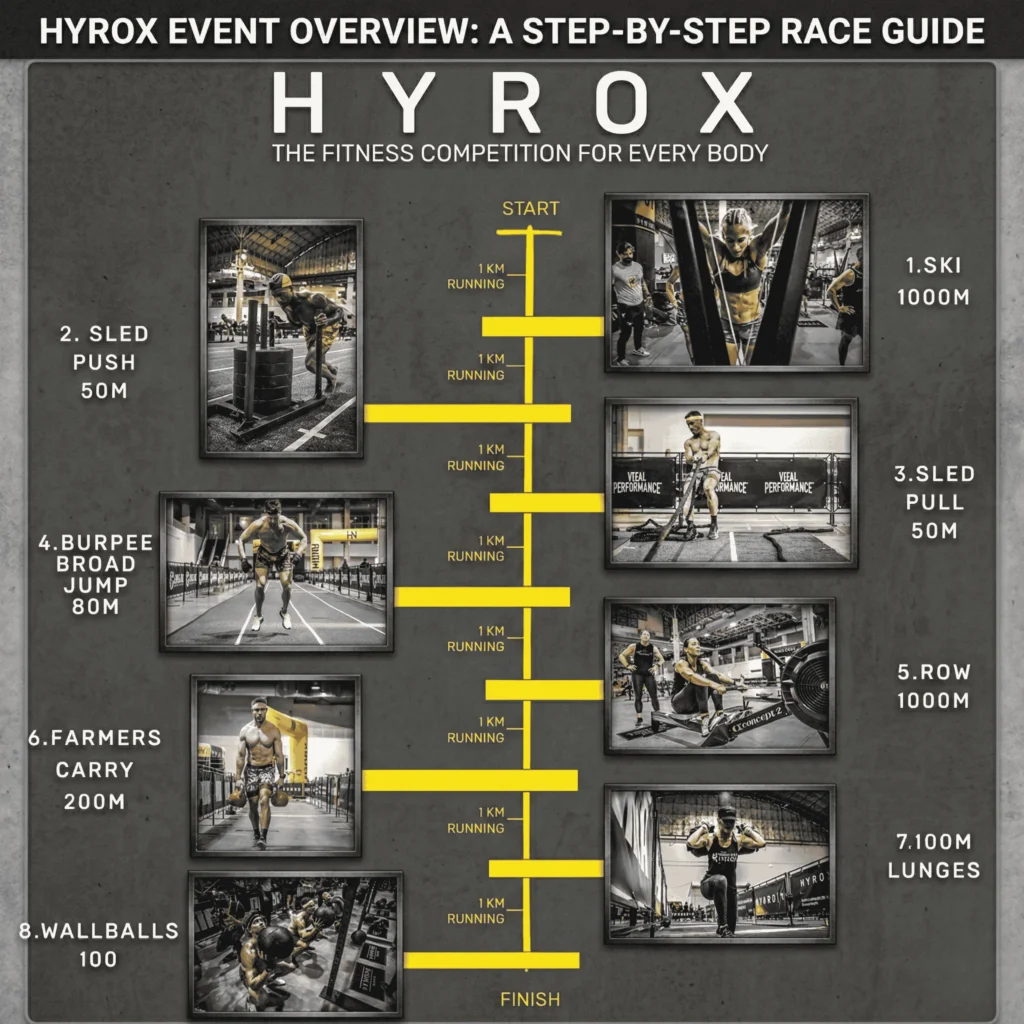 HYROX fitness race guide featuring running and functional workout stations
