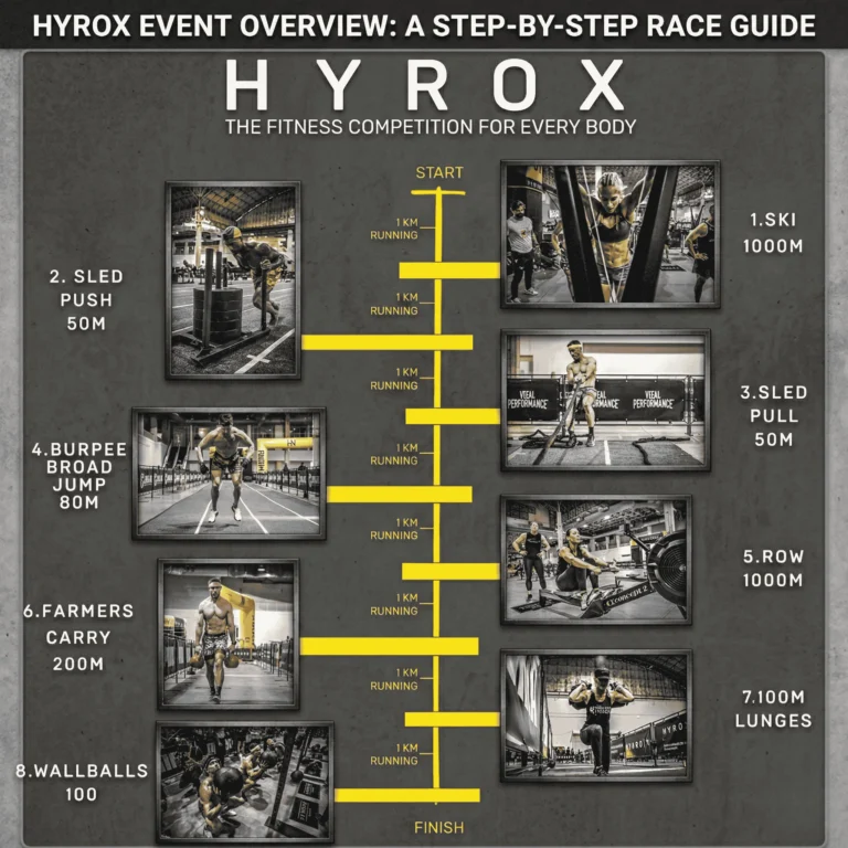 HYROX fitness race guide featuring running and functional workout stations