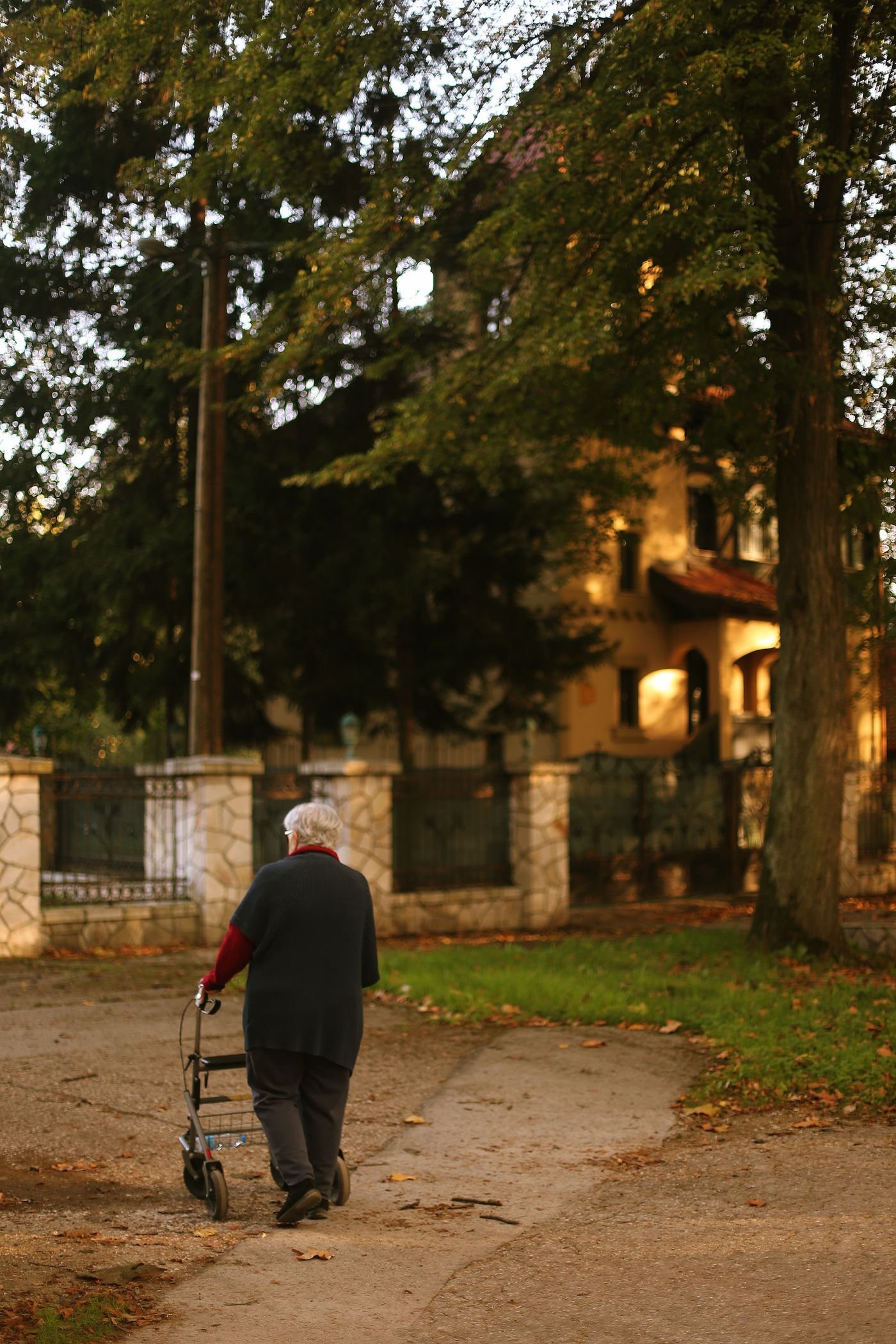 Senior adult walking with a mobility aid through an autumn park