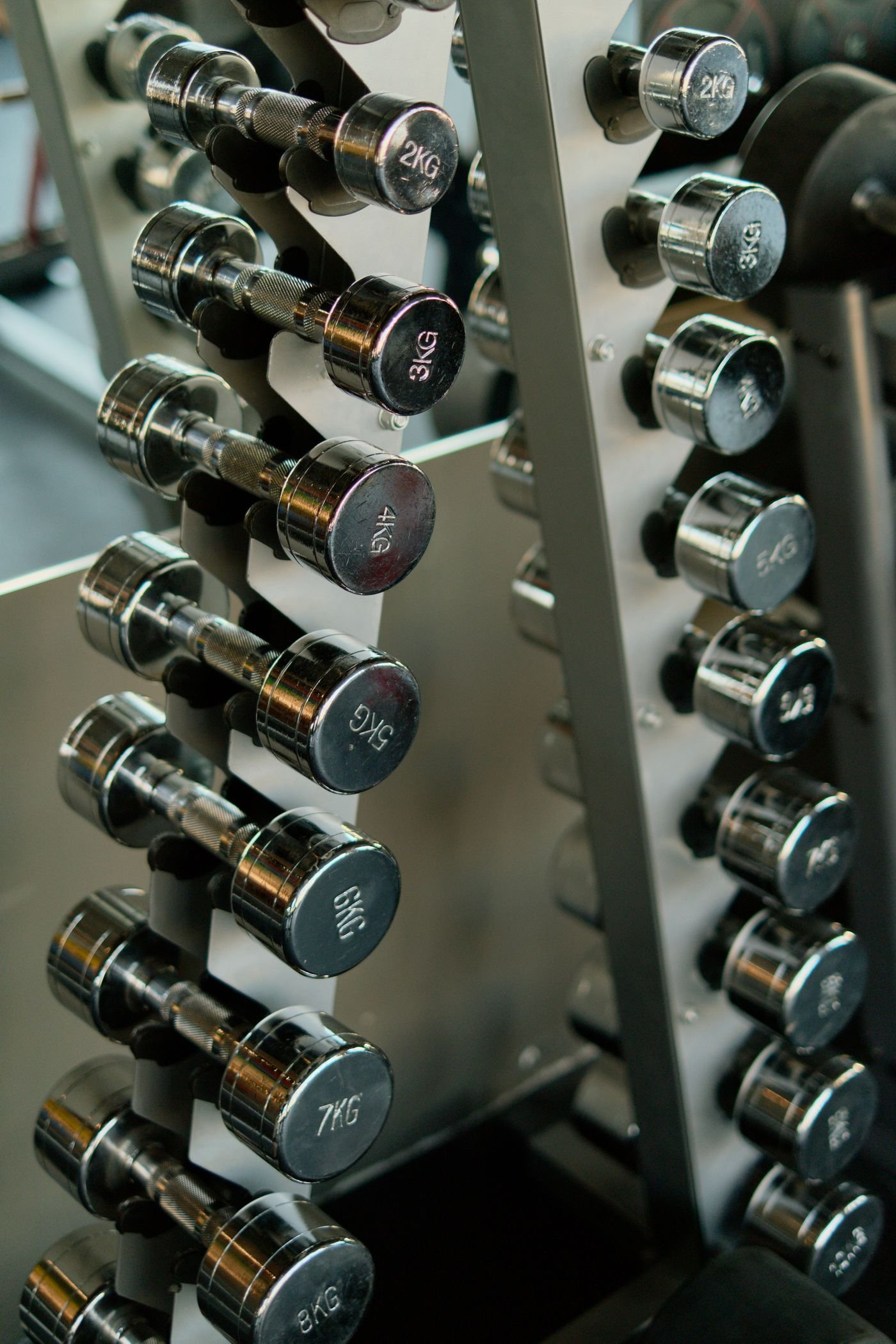 Silver dumbbells organized on a gym rack