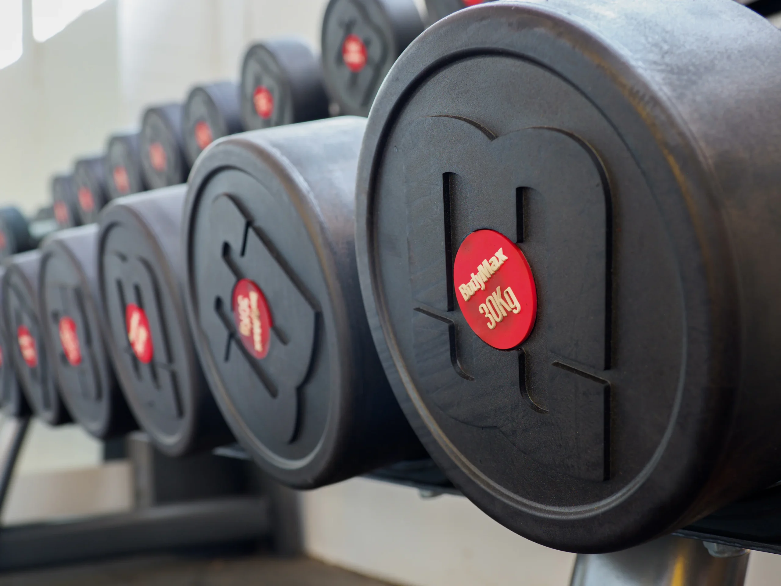 Rows of dumbbells representing different resistance increments