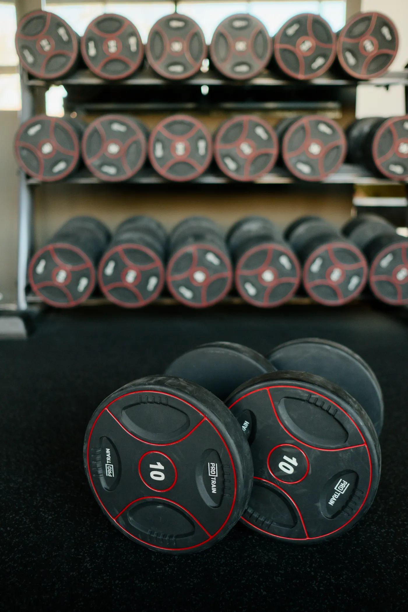 Strength training equipment in a gym