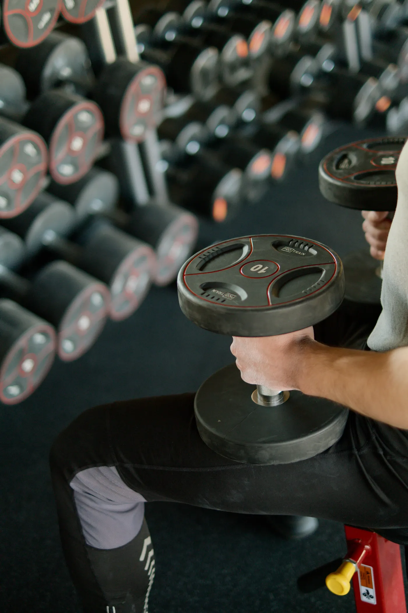 Athlete preparing a dumbbell exercise on a gym bench