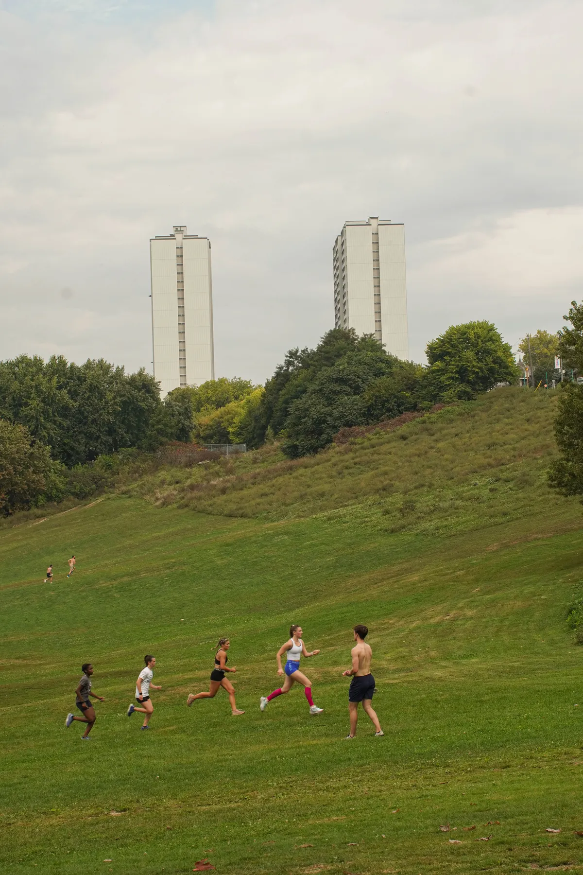 Group of runners jogging together on a grassy urban park hill
