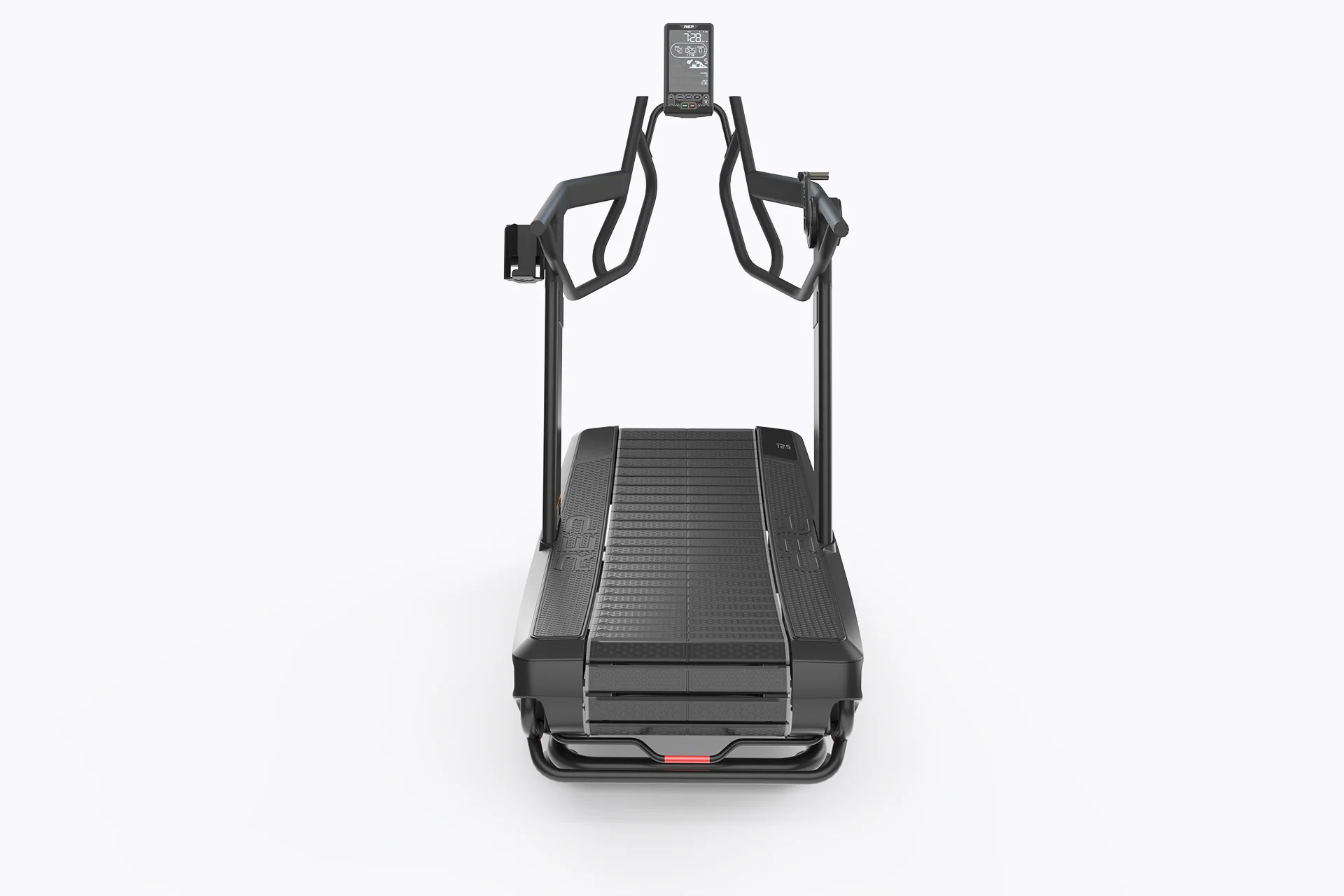 Front view of the REP Strive curved treadmill with multi-position handles