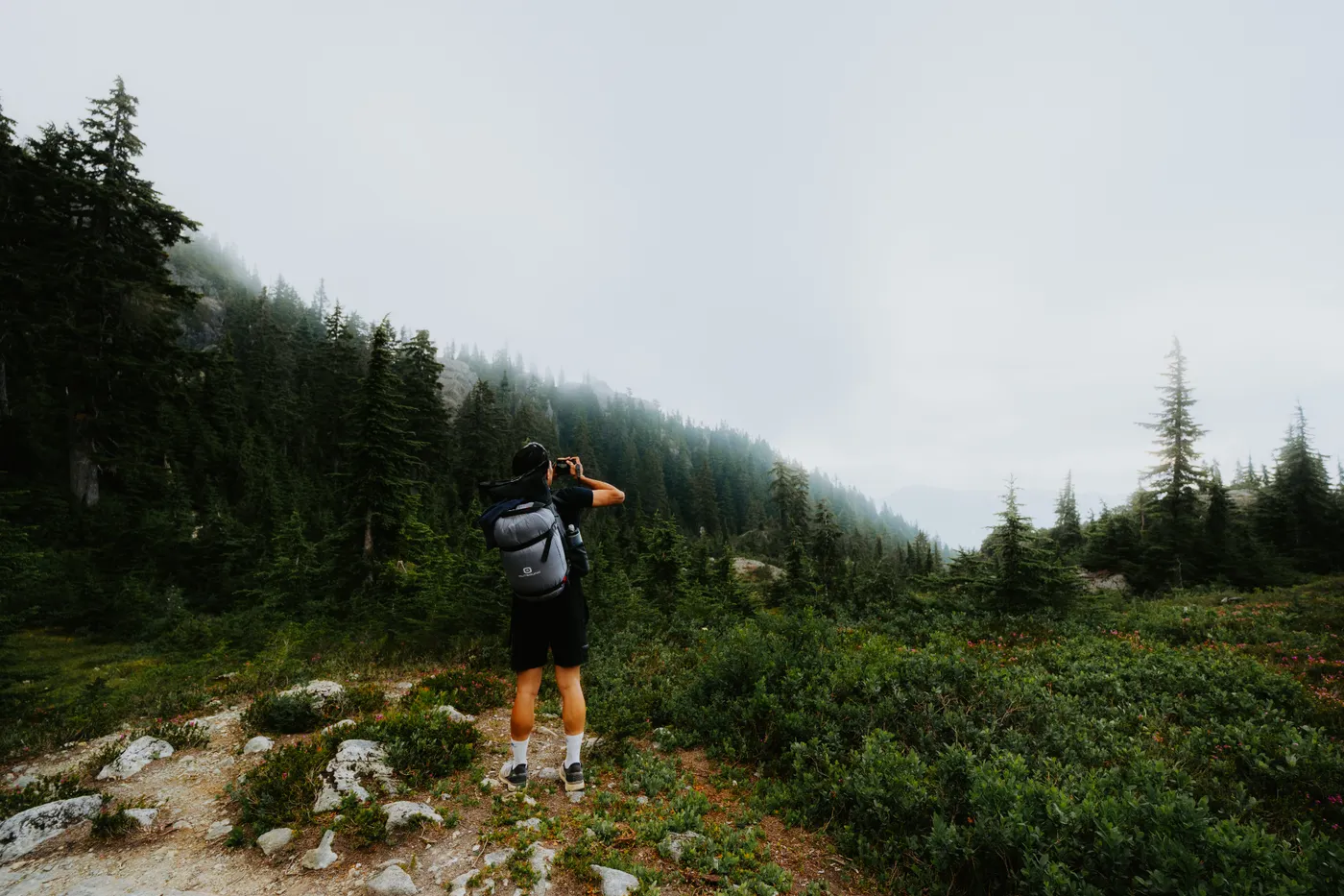 Backpacker standing on a misty forest hiking trail