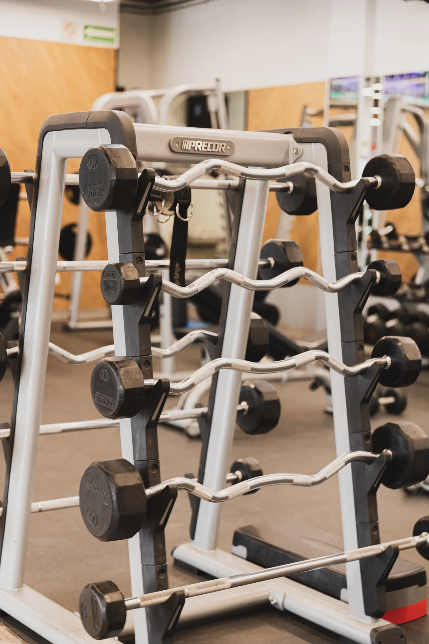 Organized dumbbell rack in a modern indoor gym