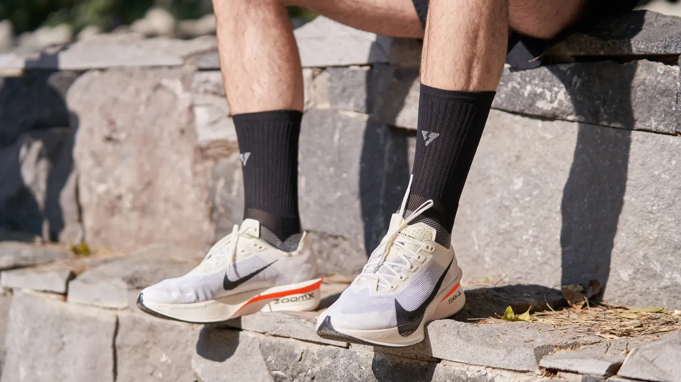 Close-up of running shoes on outdoor steps