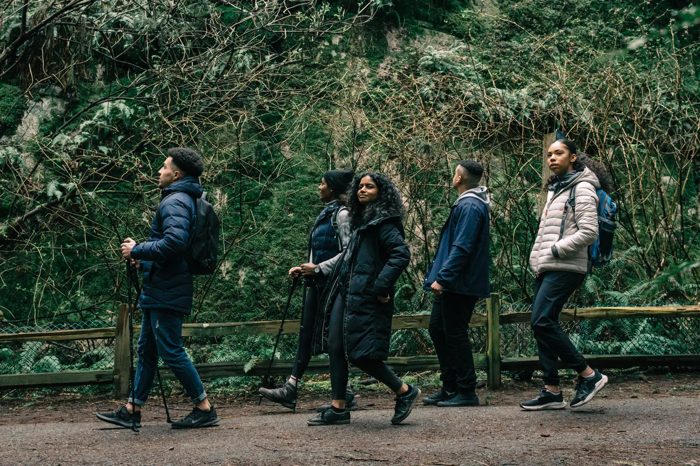 Friends hiking together on a forest trail