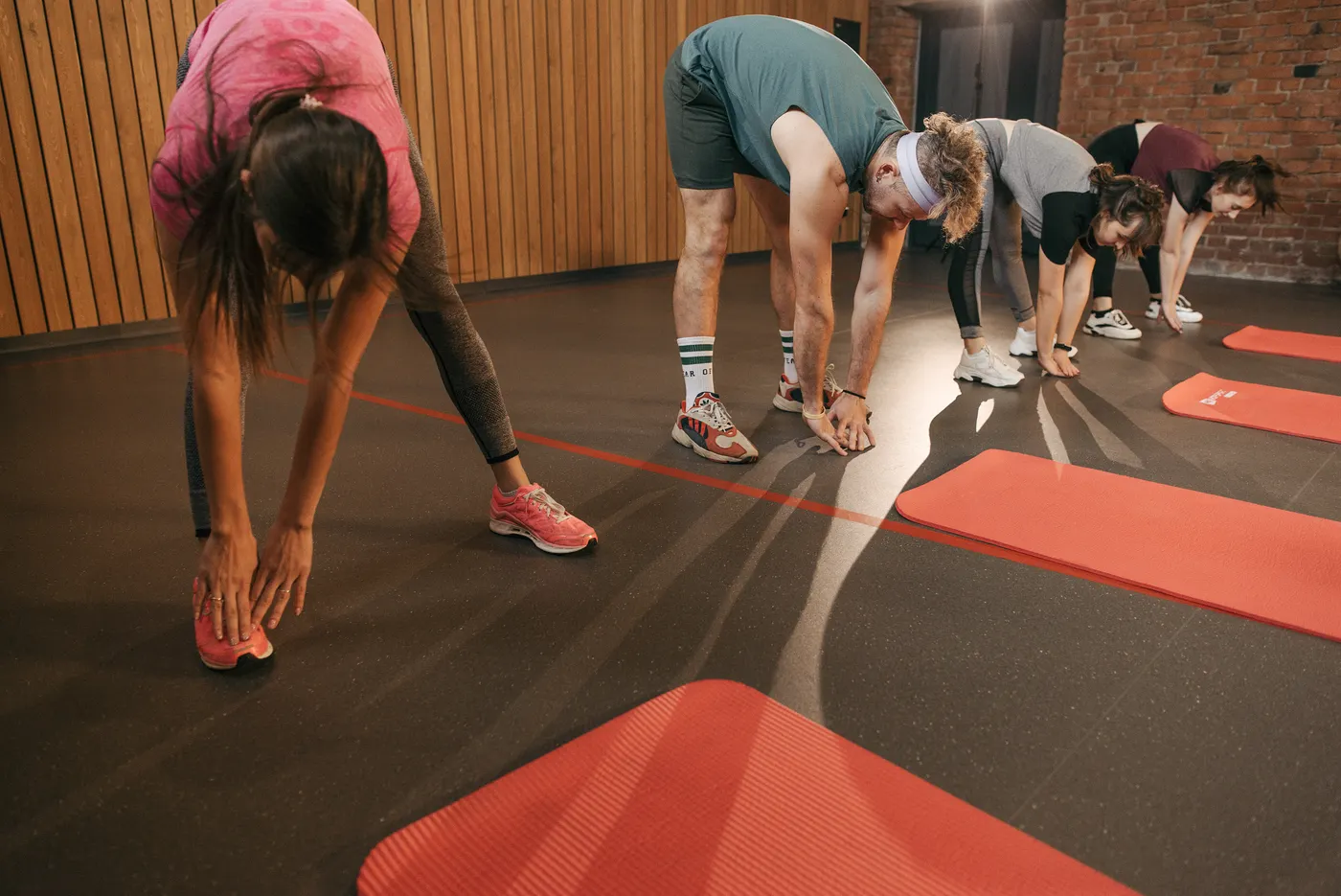 Group stretching in a gym