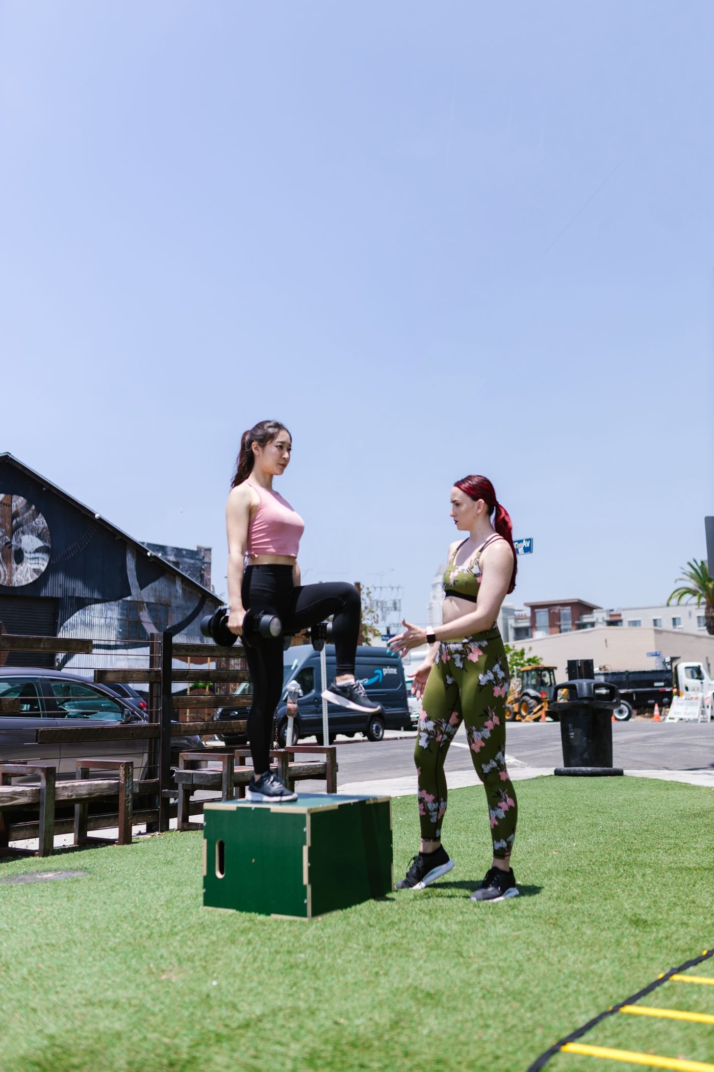 Two women practicing outdoor step-up strength exercises