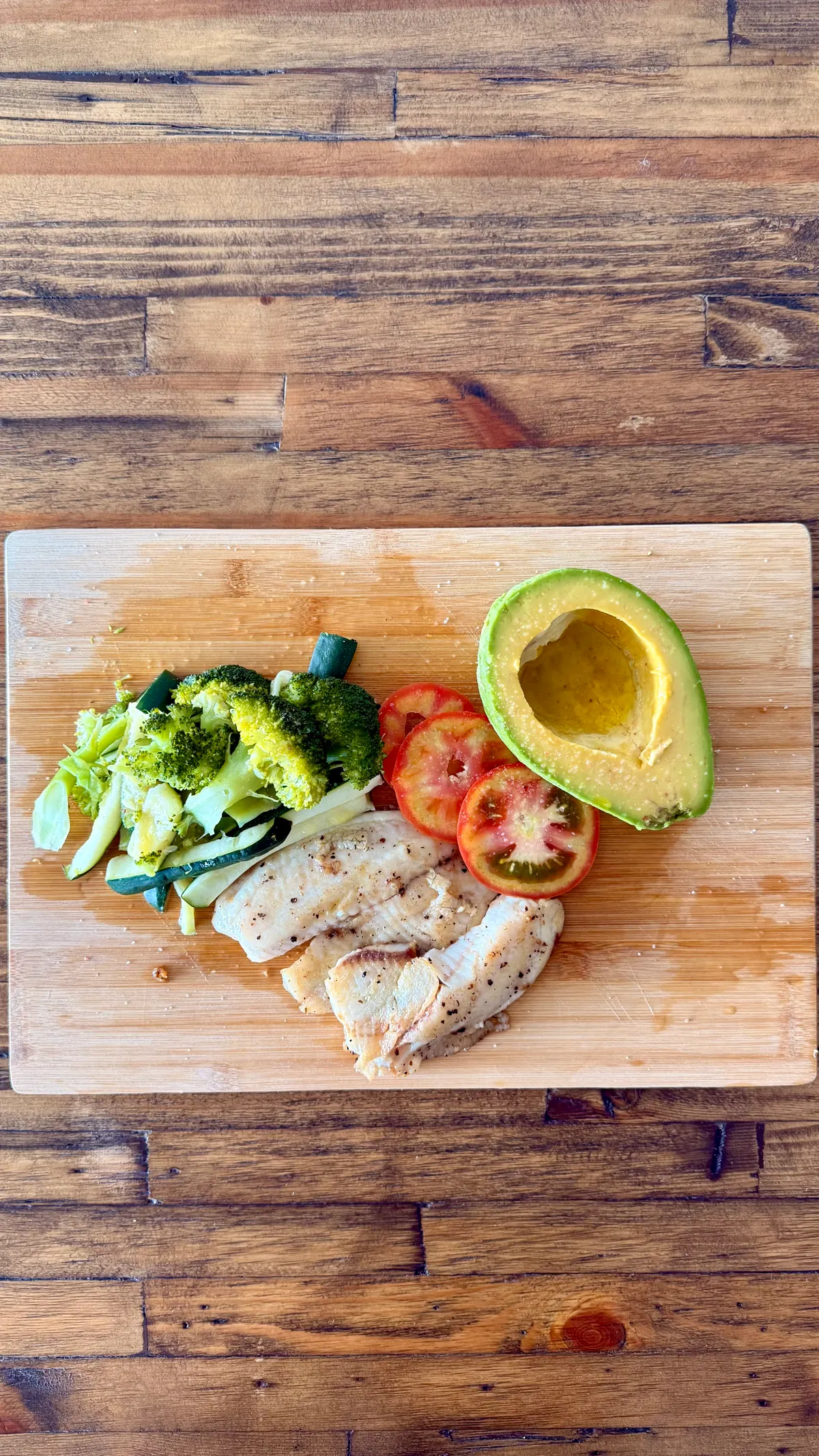 Balanced chicken meal with vegetables and avocado
