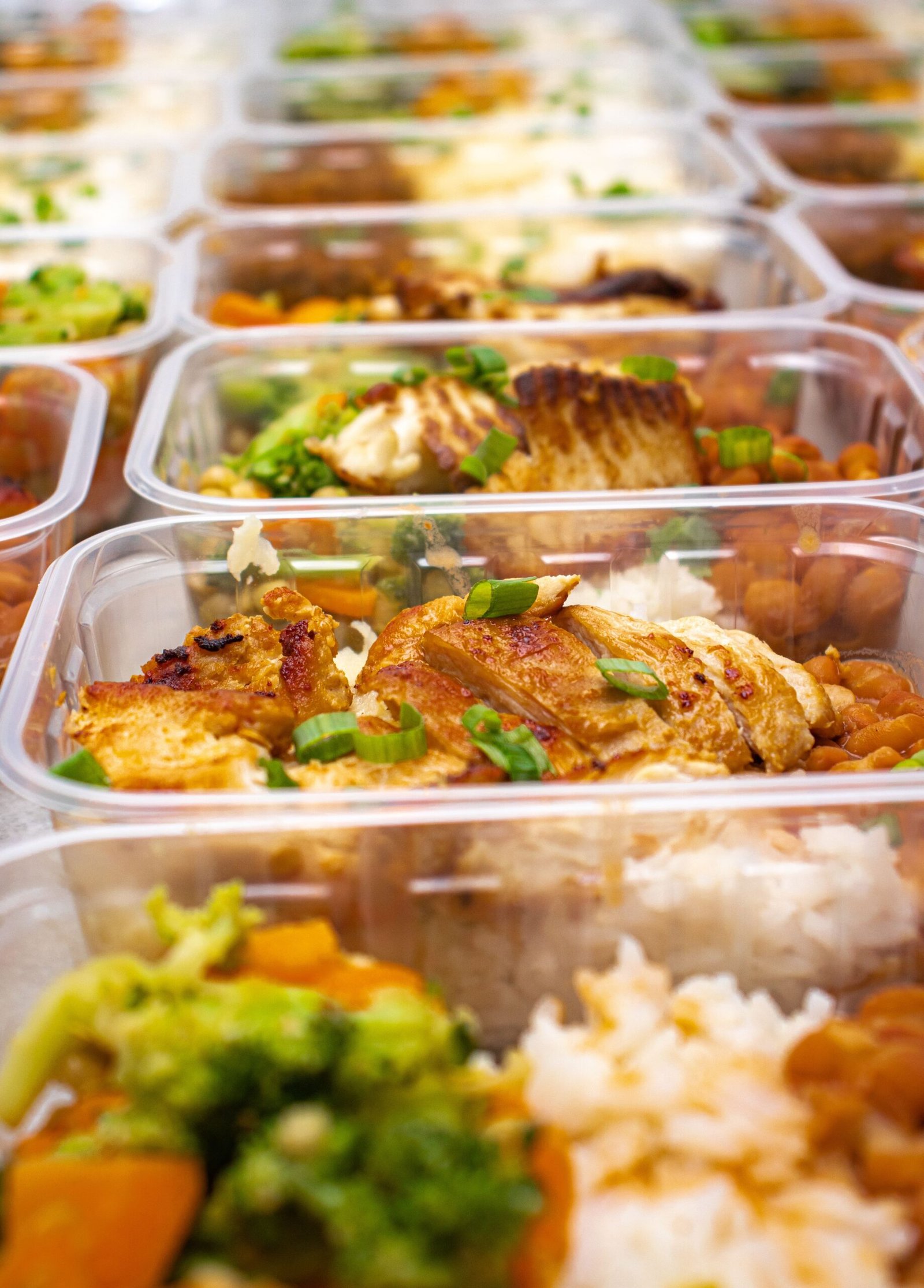 Prepared chicken and rice meals in containers