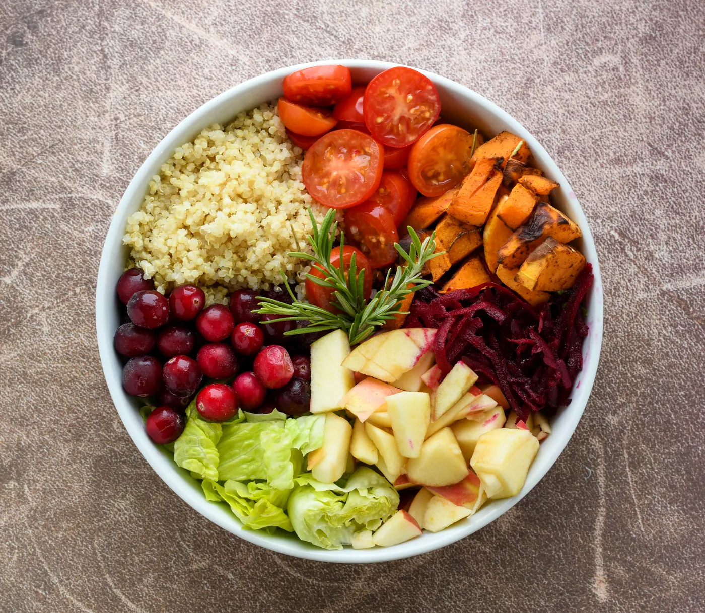 Colorful grain and vegetable bowl prepared as a balanced meal