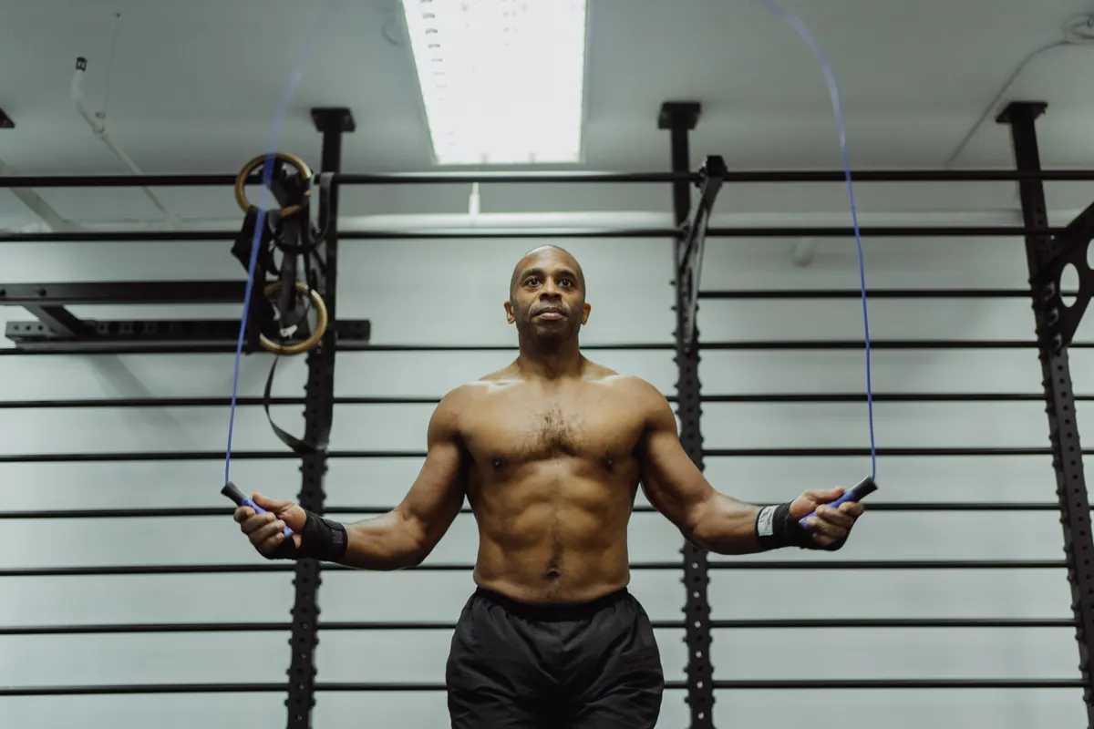 Athlete jumping rope during an energetic indoor conditioning session