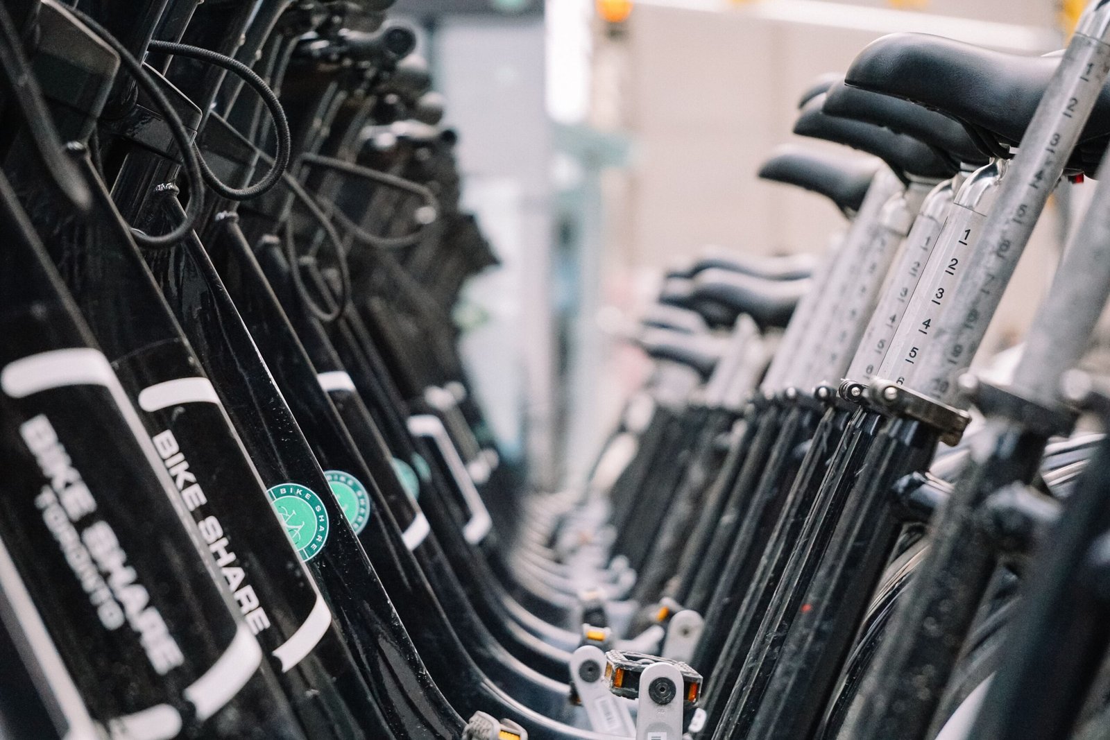 Row of stationary exercise bicycles inside a gym