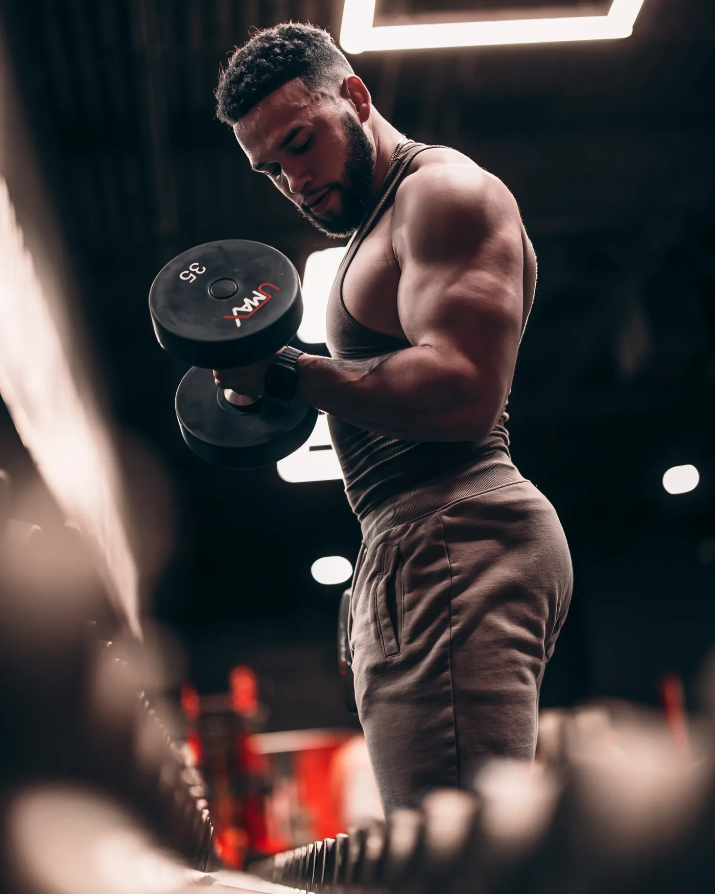 Muscular athlete performing a standing dumbbell curl