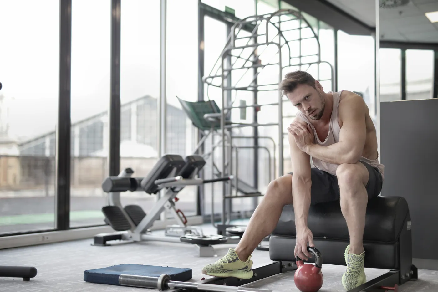 Athlete taking a break with a kettlebell
