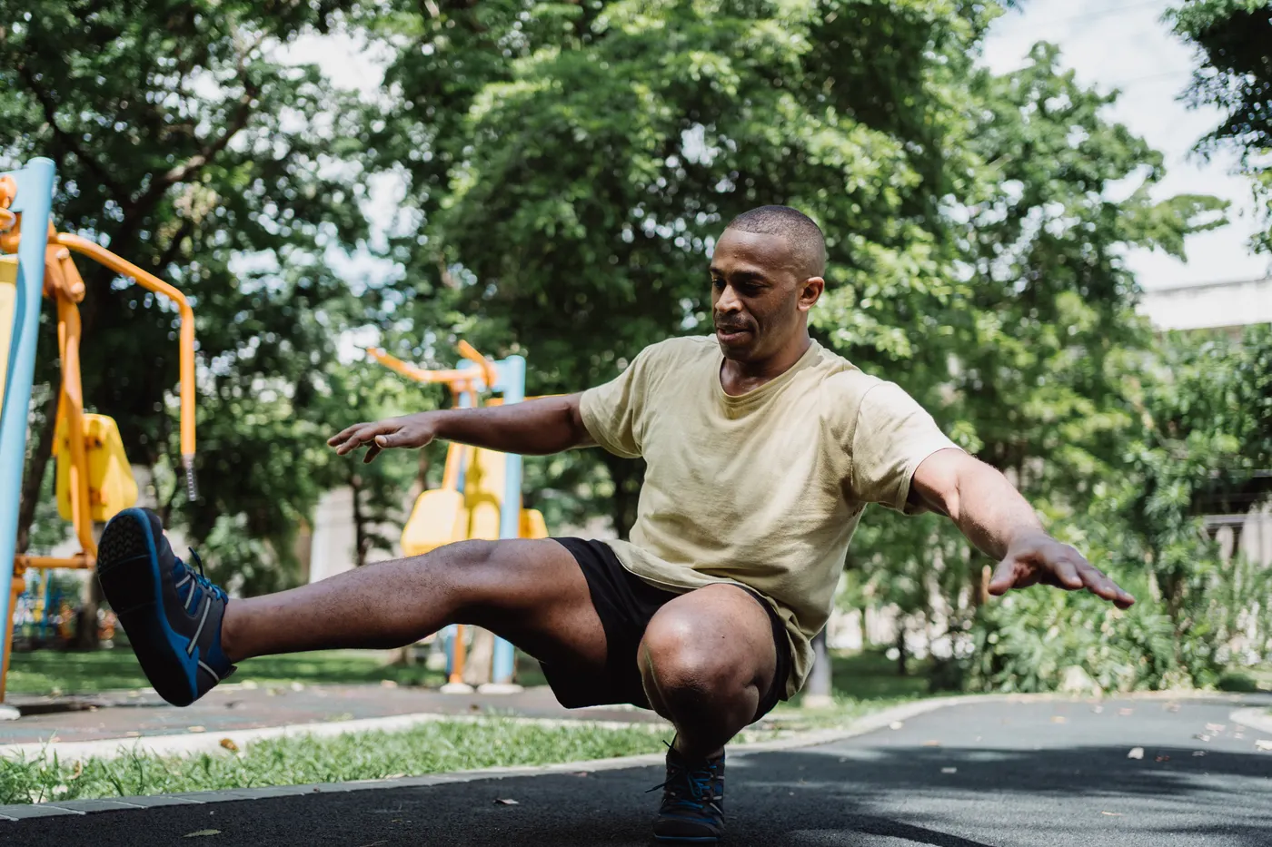 Athlete practicing single-leg balance outdoors