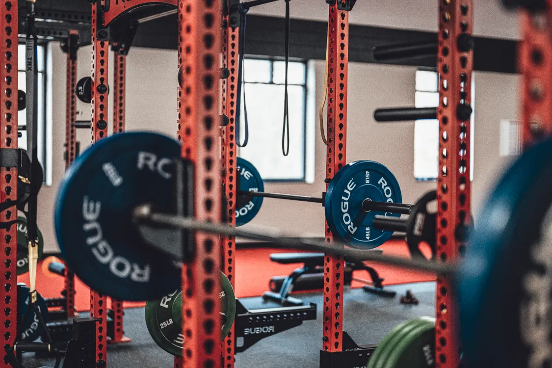 Gym rack holding barbells and weight plates for resistance training