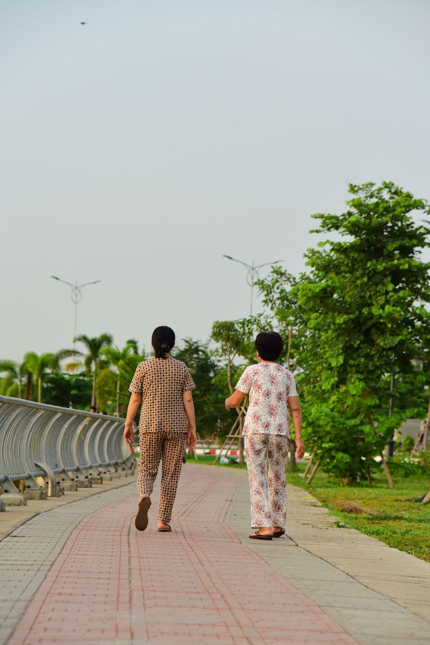 Two older women walking together along a sunny park path