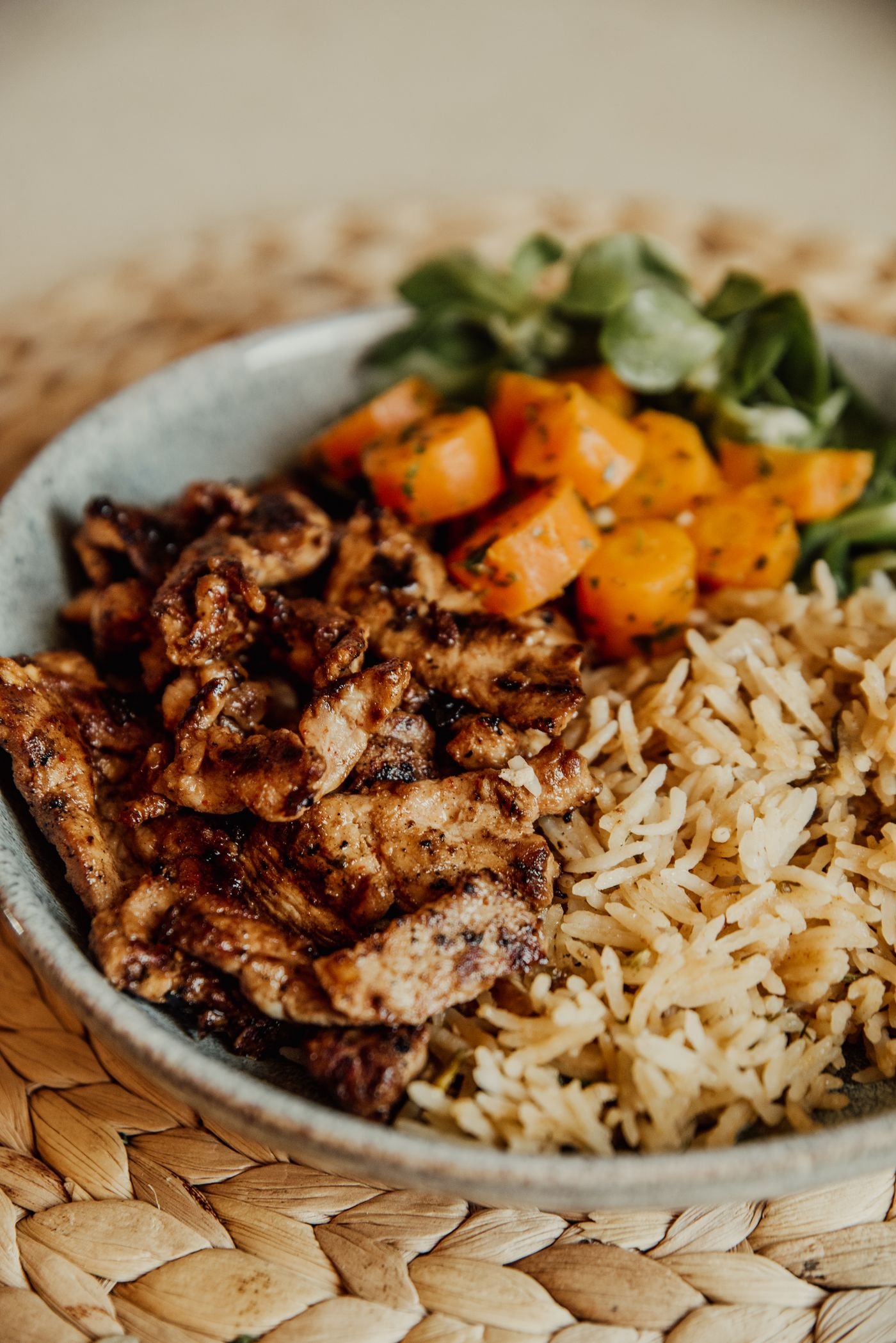 Chicken, rice and vegetables in a balanced post-workout meal