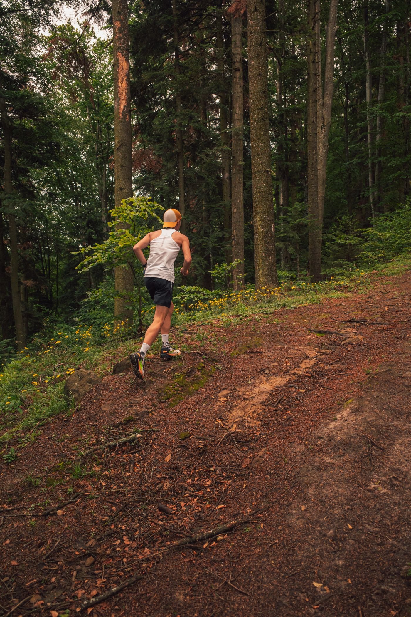 Runner moving through a wooded trail during a return to endurance training