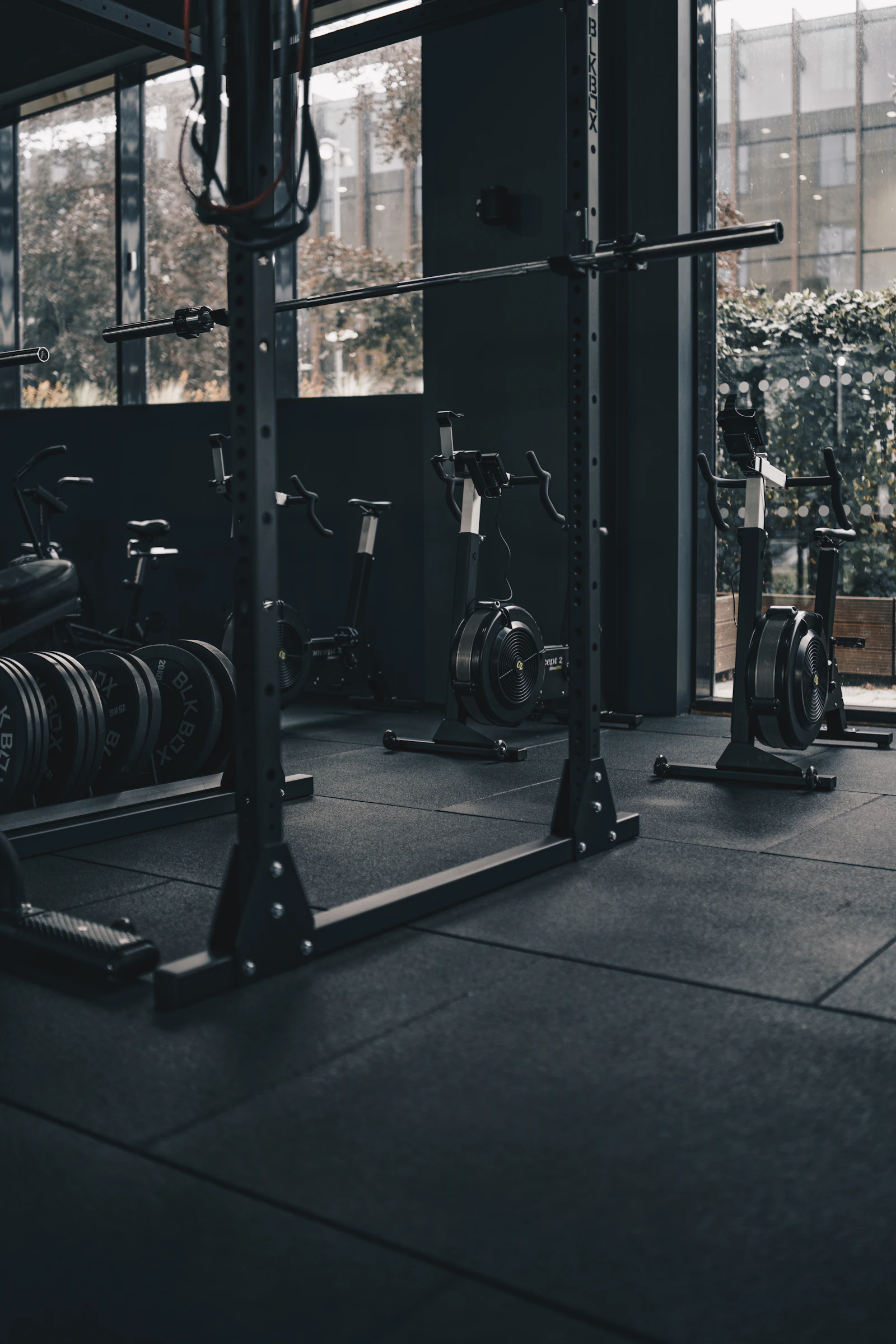 Rows of exercise equipment in a gym training area