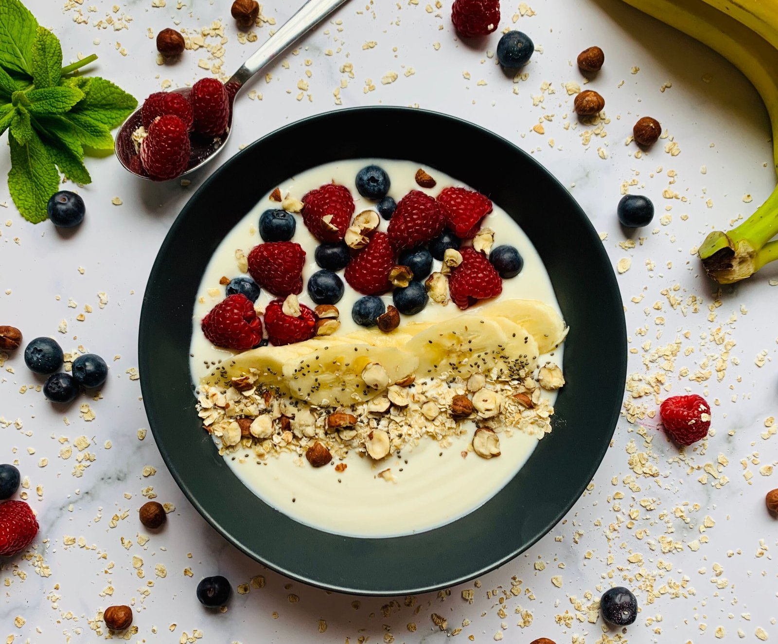Yogurt, fruit and nut breakfast bowl