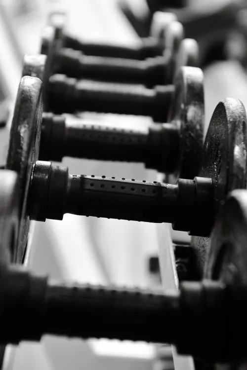 Black and white close-up of dumbbells in a gym