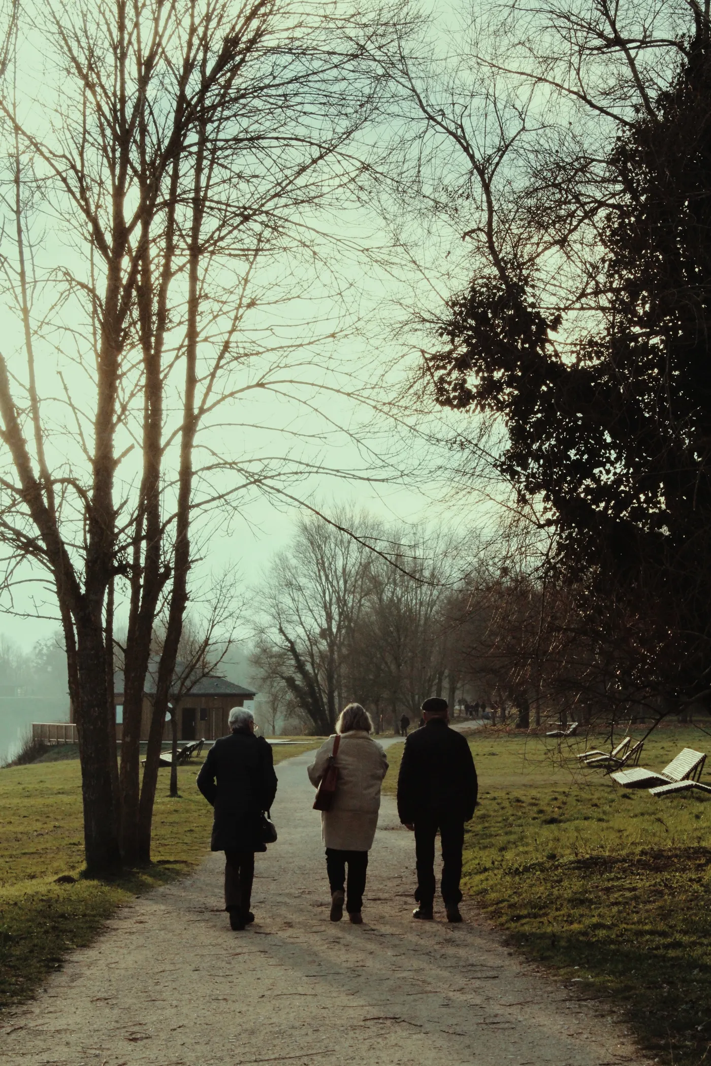 Three older adults walking together on a park path