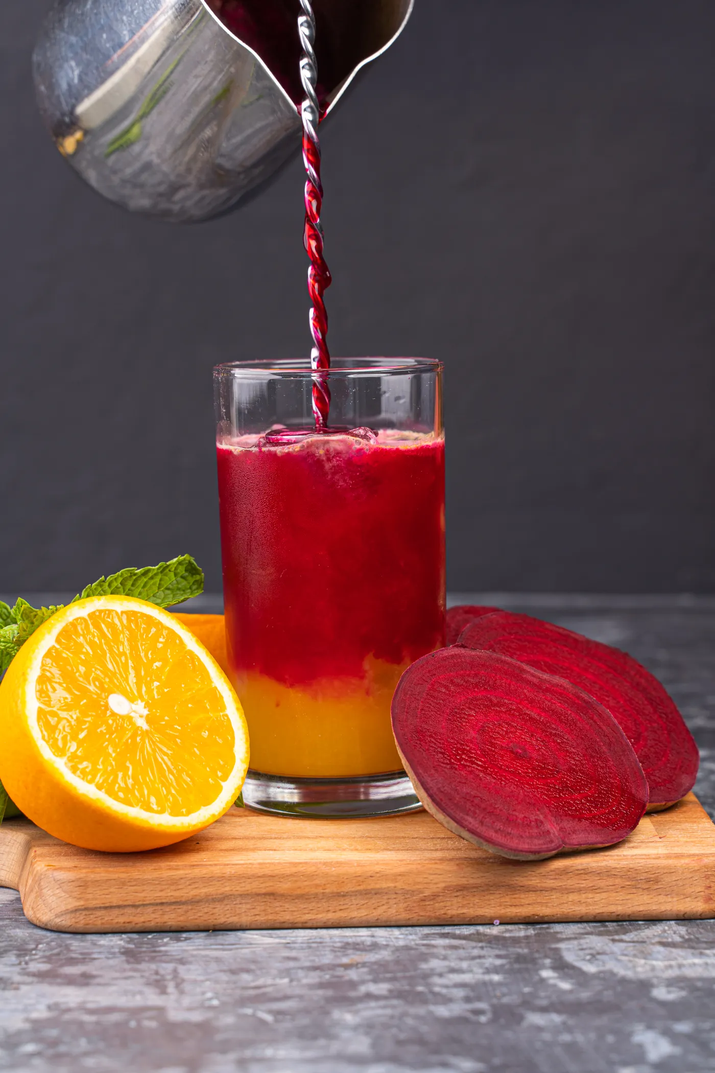 Beetroot and orange drink prepared with fresh ingredients