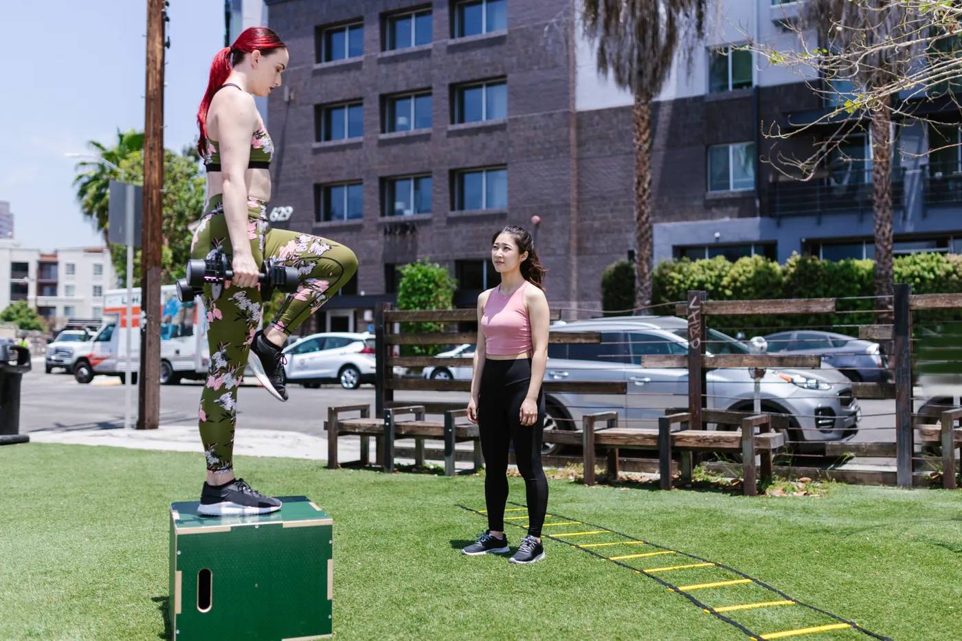 Woman holding a dumbbell while stepping onto a wooden exercise box