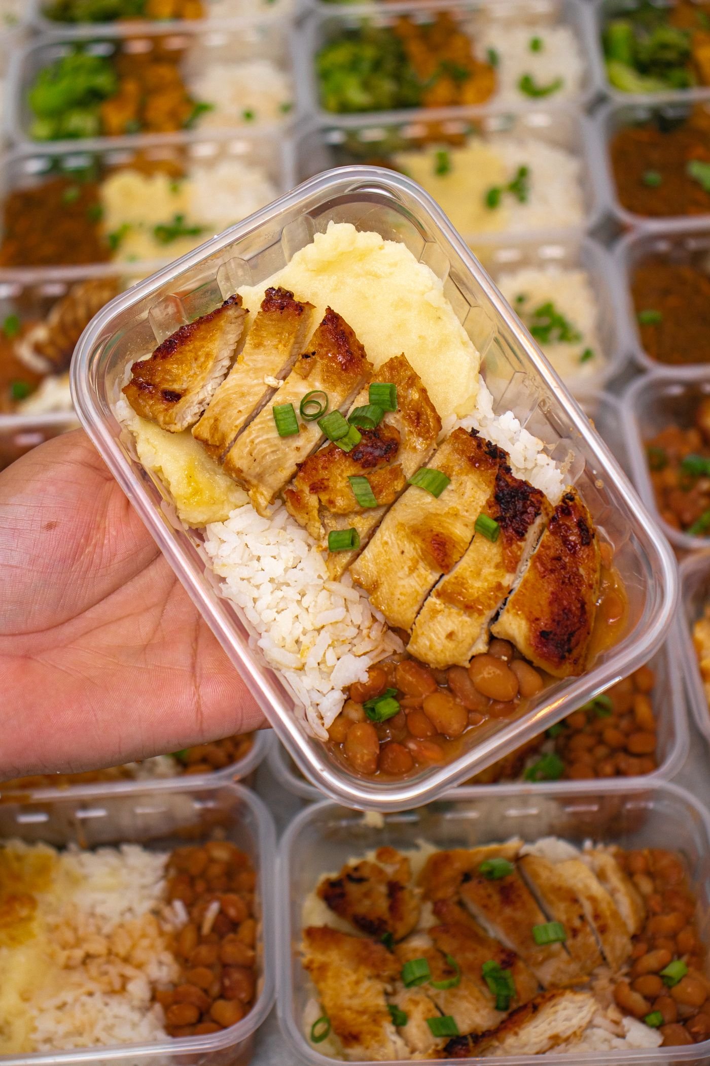 Prepared chicken, rice and beans meal