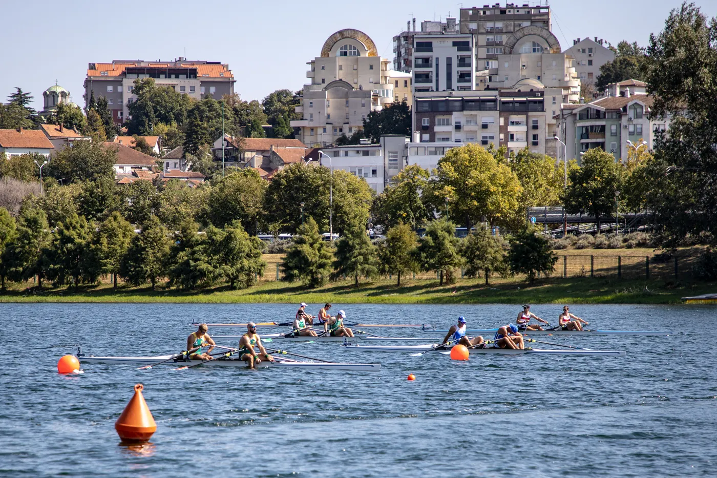 Rowing crews racing on open water