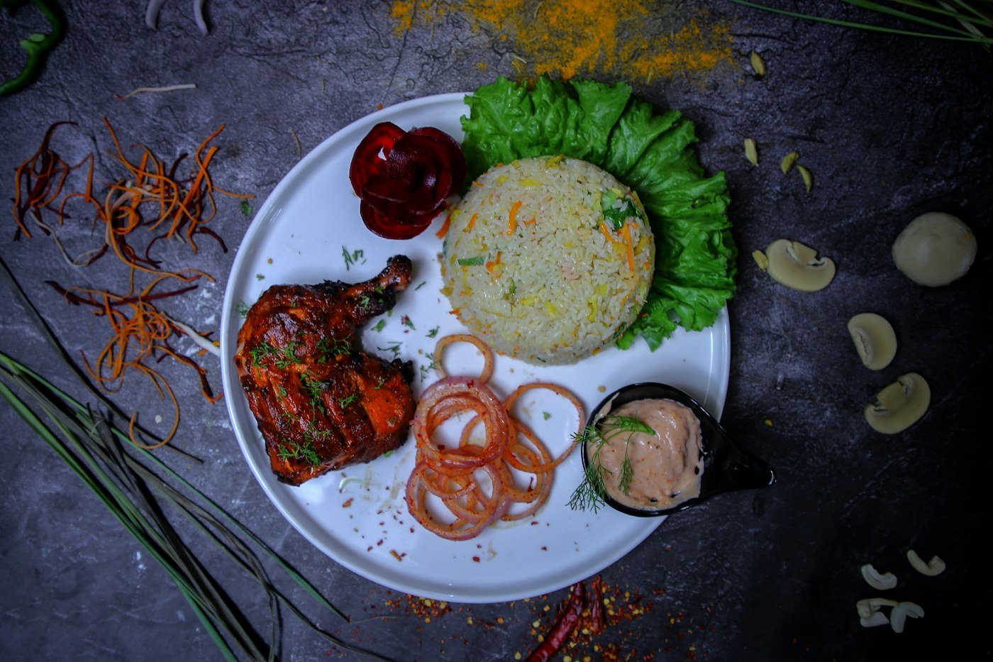 Grilled chicken with rice and salad