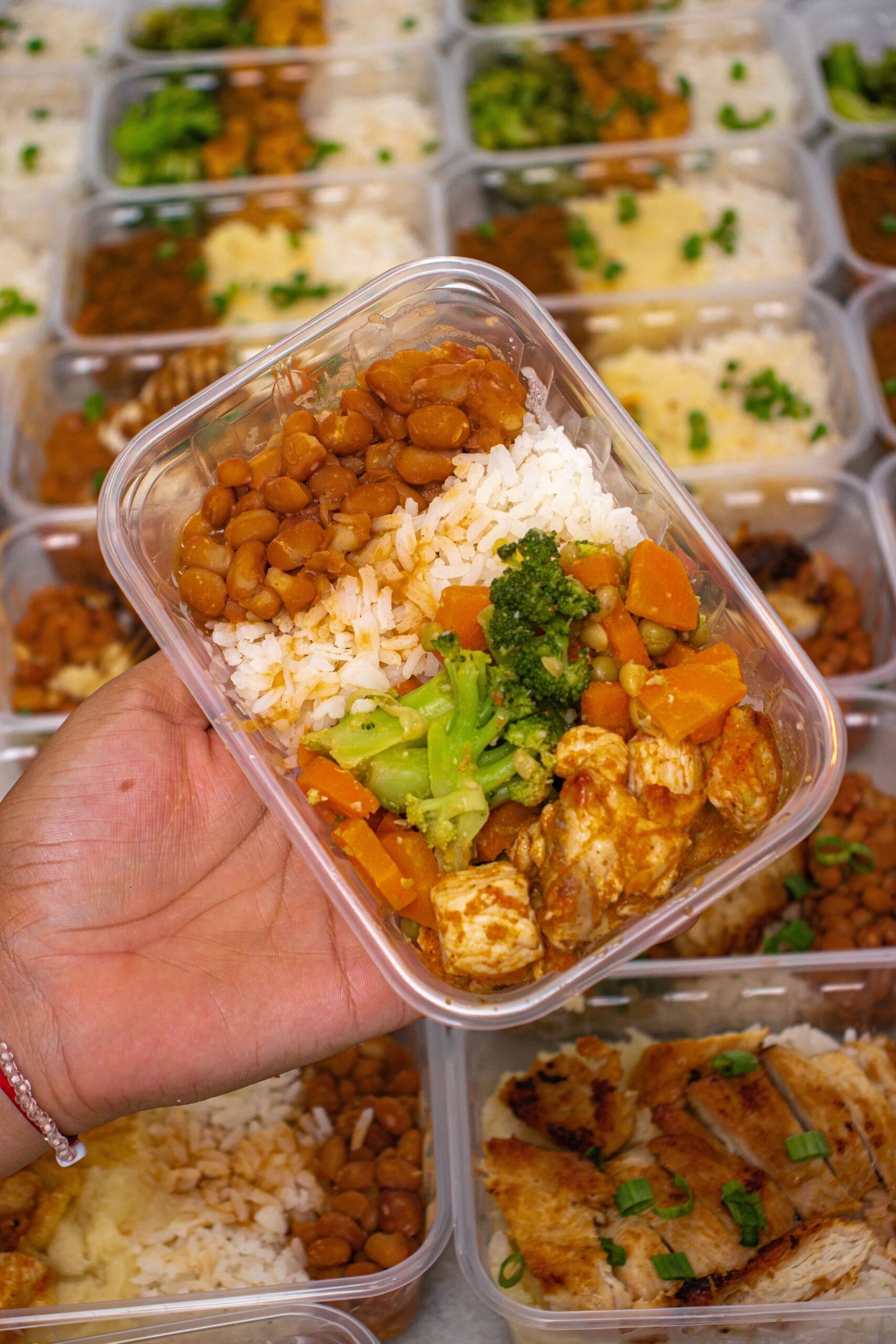 Balanced meal-prep container with rice, beans, chicken and vegetables
