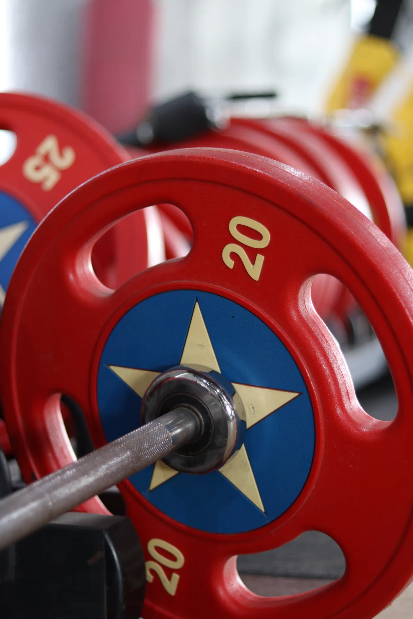 Red and blue weight plates loaded on a barbell